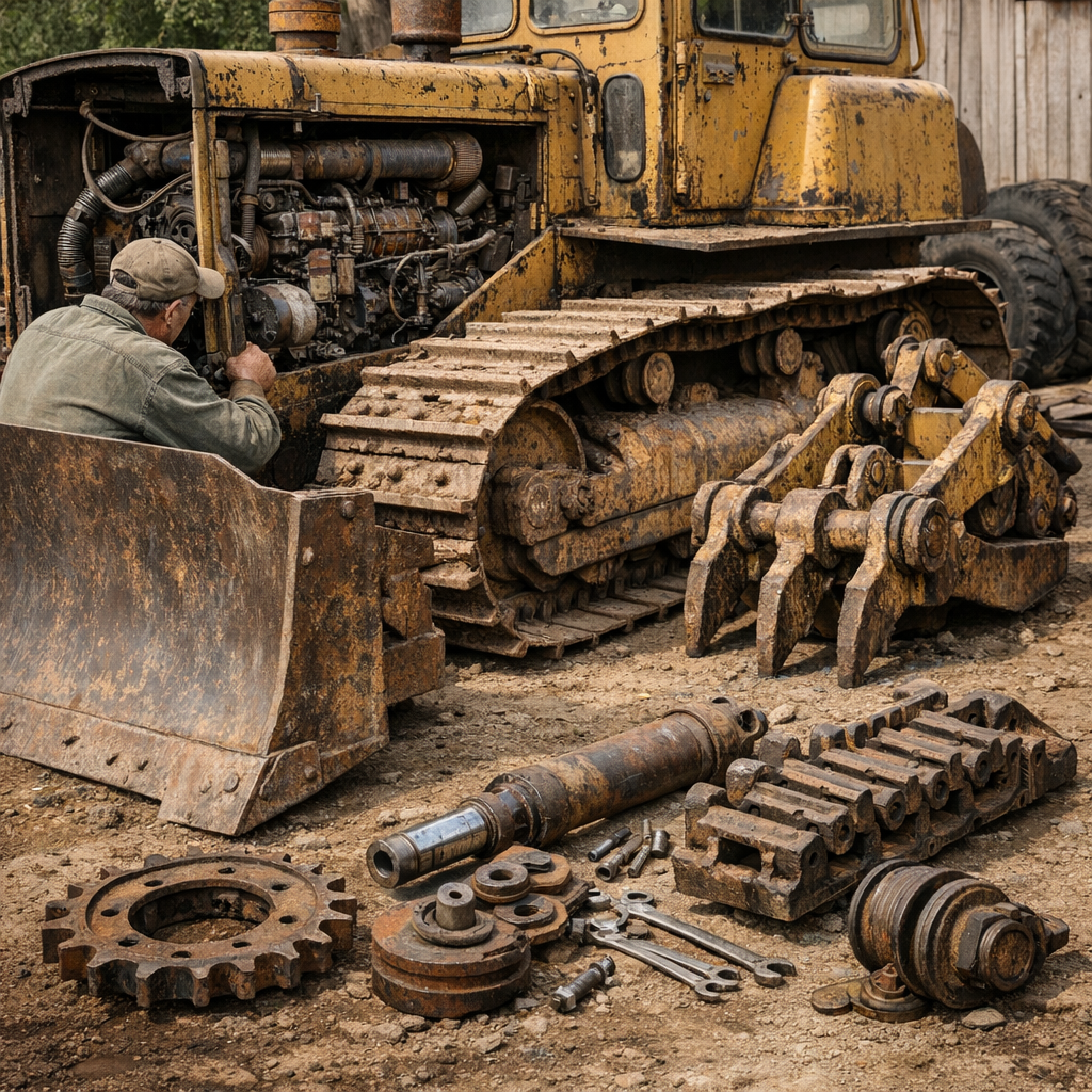 Inspection d’un bulldozer sur chenilles : moteur, lame, ripper et pièces détachées